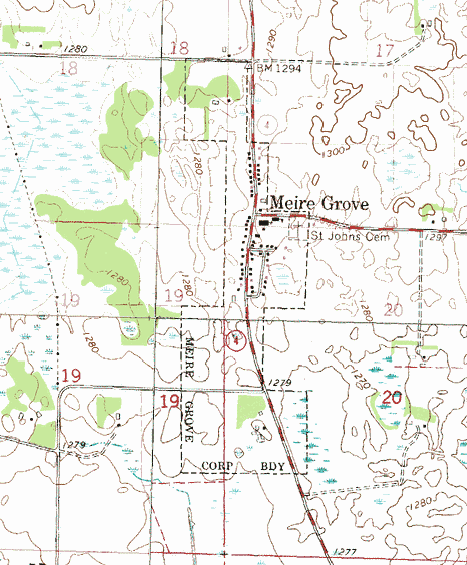 Topographic map of the Meire Grove Minnesota area