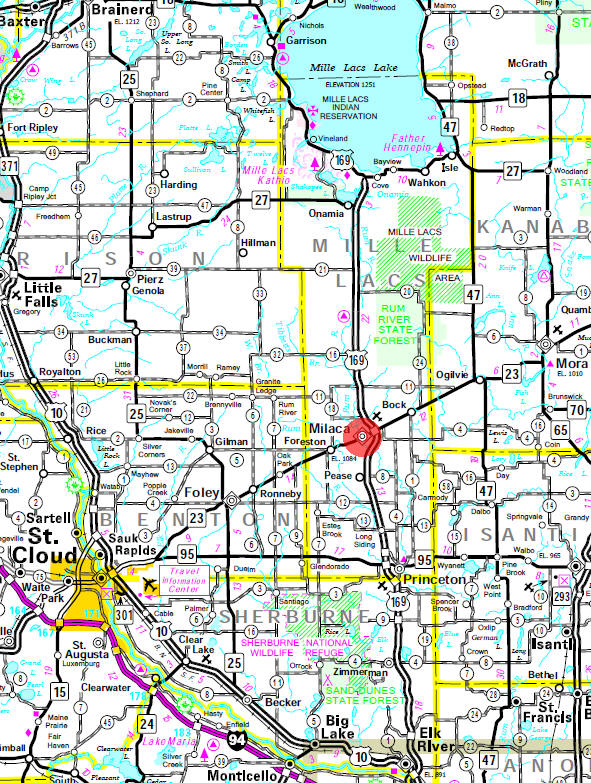 Minnesota State Highway Map of the Milaca Minnesota area