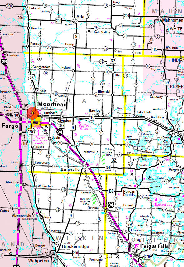 Minnesota State Highway Map of the Moorhead Minnesota area