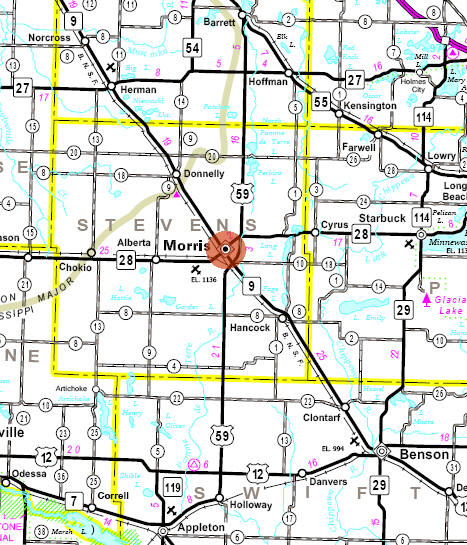 Minnesota State Highway Map of the Morris Minnesota area