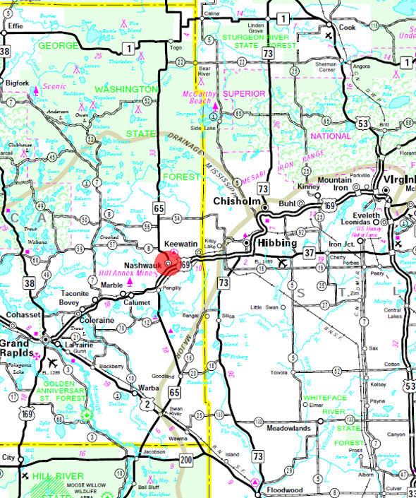 Minnesota State Highway Map of the Nashwauk Minnesota area