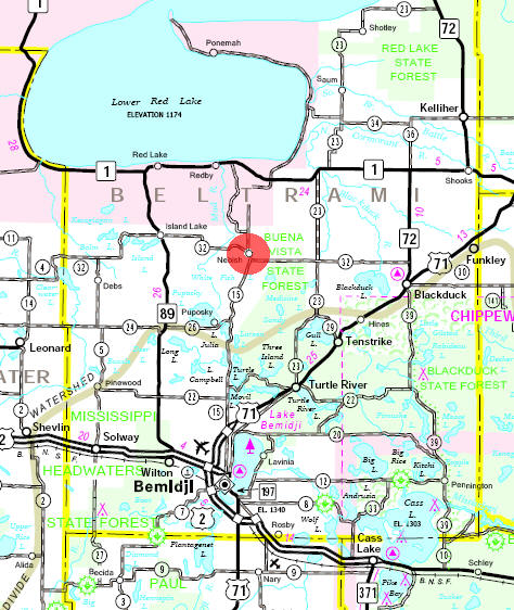 Minnesota State Highway Map of the Nebish Minnesota area
