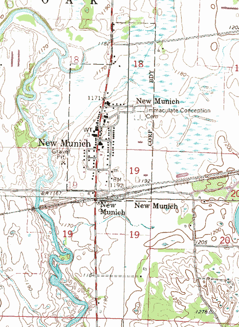 Topographic map of the New Munich Minnesota area