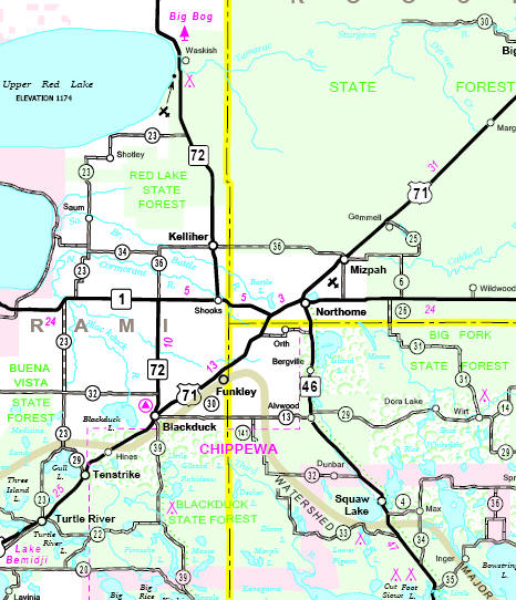 Minnesota State Highway Map showing the Northome Minnesota area