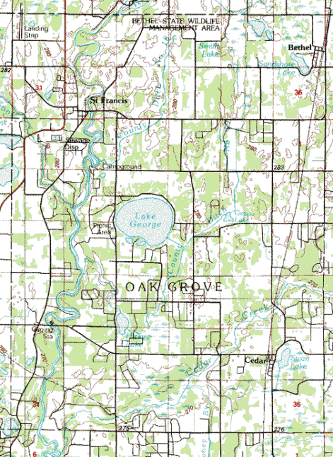 Topographic map of the Oak Grove Minnesota area
