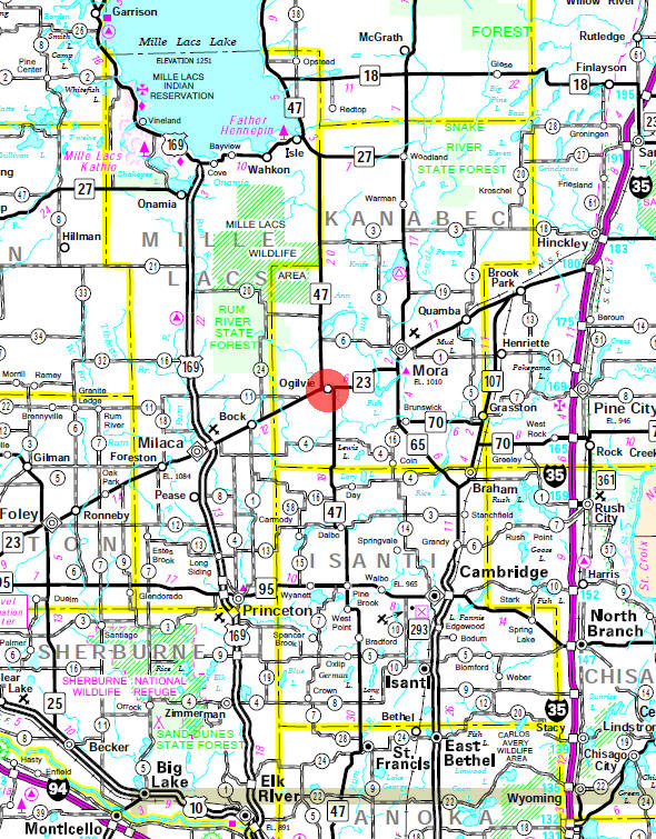 Minnesota State Highway Map of the Ogilvie Minnesota area