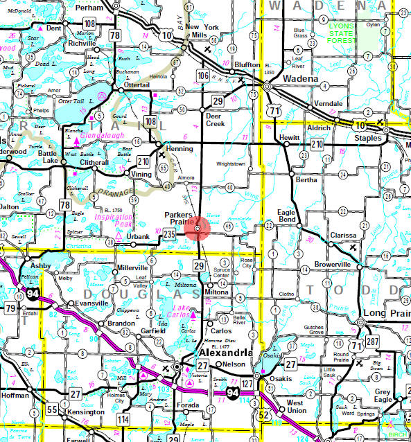 Minnesota State Highway Map of the Parkers Prairie Minnesota area