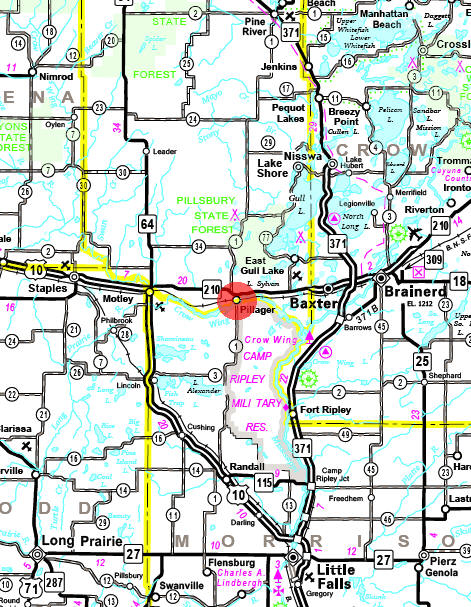 Minnesota State Highway Map of the Pillager Minnesota area