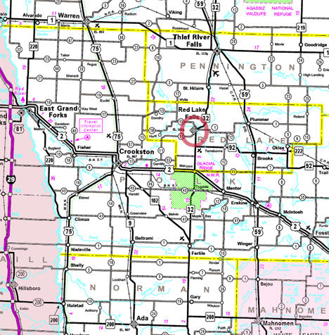 Highway Map of the Red Lake Falls Minnesota area