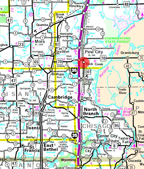 Minnesota State Highway Map of the Rock Creek Minnesota area
