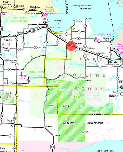 Minnesota State Highway Map of the Roosevelt Minnesota area