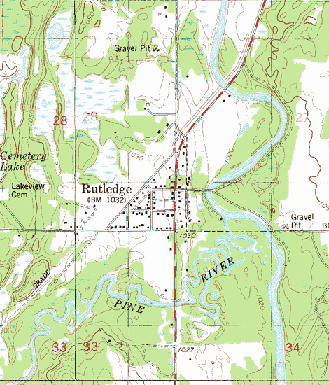 Topographic map of the Rutledge Minnesota area
