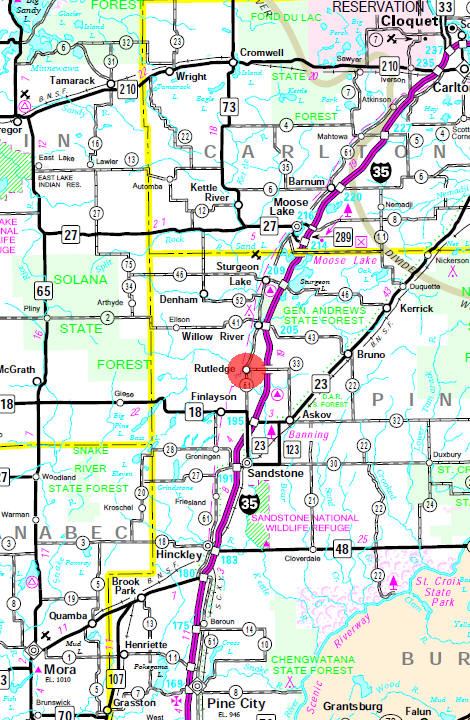 Minnesota State Highway Map of the Rutledge Minnesota area