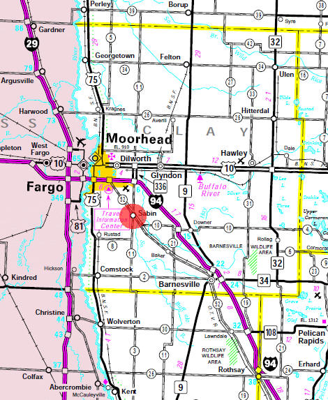 Minnesota State Highway Map of the Sabin Minnesota area