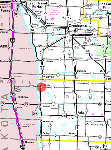 Minnesota State Highway Map of the Shelly Minnesota area
