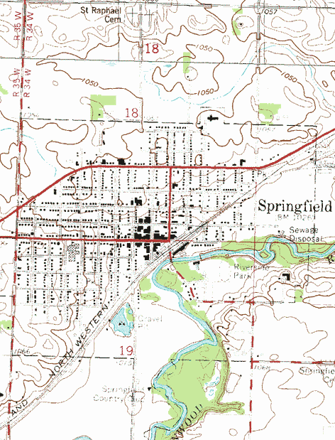 Topographic map of the Springfield Minnesota area