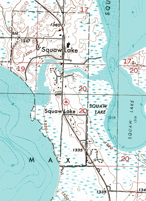 Topographic map of the Squaw Lake Minnesota area