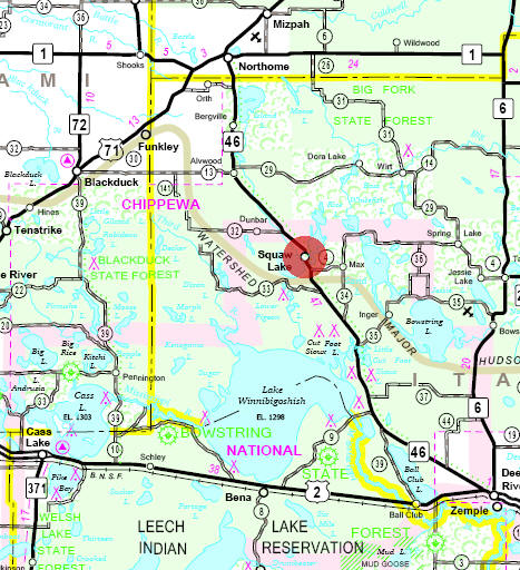 Minnesota State Highway Map of the Squaw Lake Minnesota area