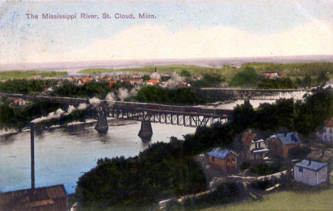 View of Mississippi River and bridges, St. Cloud Minnesota, 1908