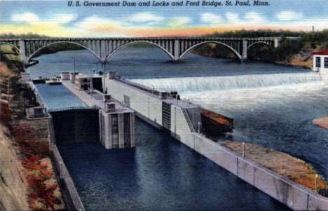 Mississippi River Locks and Dam and Ford Bridge, St. Paul Minnesota, 1940's