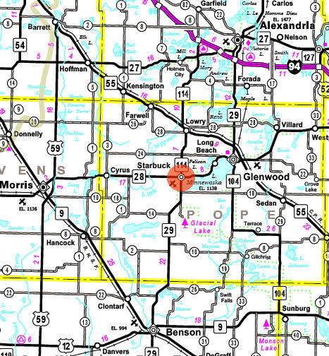 Minnesota State Highway Map of the Starbuck Minnesota area
