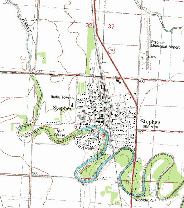 Topographic map of the Stephen Minnesota area