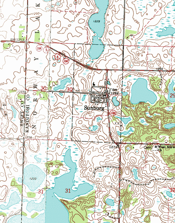 Topographic map of the Sunburg Minnesota area