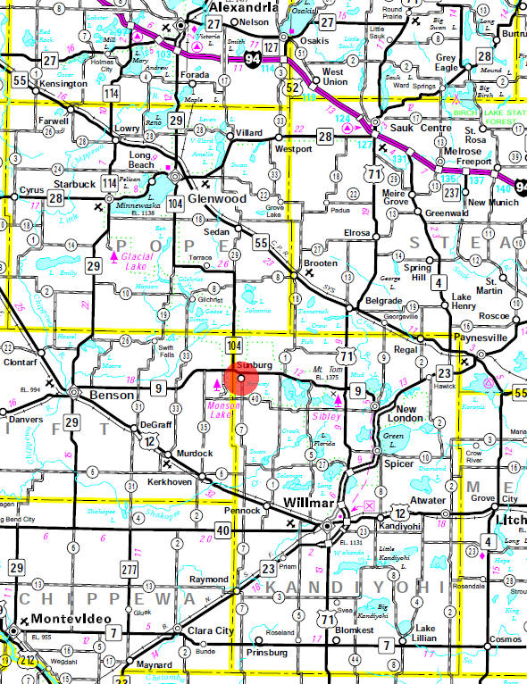 Minnesota State Highway Map of the Sunburg Minnesota area