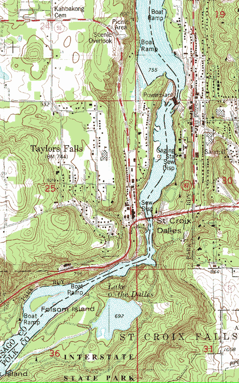 Topographic map of the Taylors Falls Minnesota area