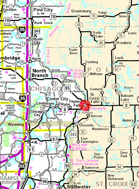 Minnesota State Highway Map of the Taylors Falls Minnesota area