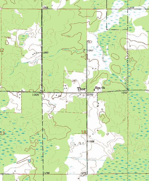 Topographic map of the Thor Minnesota area