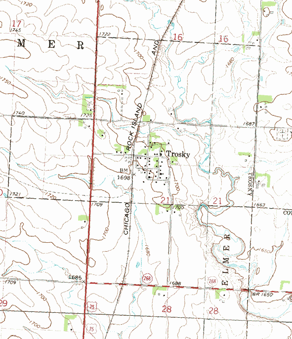 Topographic map of the Trosky Minnesota area