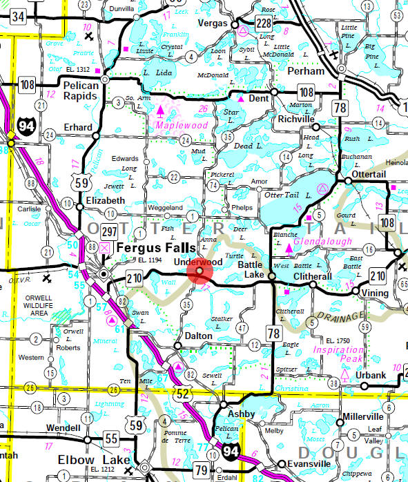 Minnesota State Highway Map of the Underwood Minnesota area