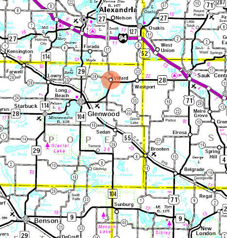 Minnesota State Highway Map of the Villard Minnesota area