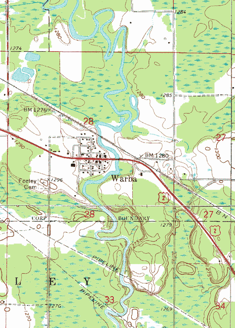 Topographic map of the Warba Minnesota area