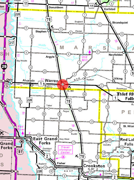 Minnesota State Highway Map of the Warren Minnesota area