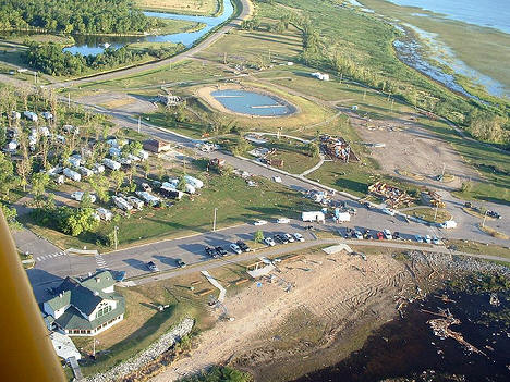 Aerial view of damage after tornado in Warroad Minnesota, August 5, 2006