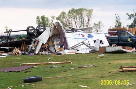 Destroyed campers at the Warroad City Park after tornado, August 5, 2006