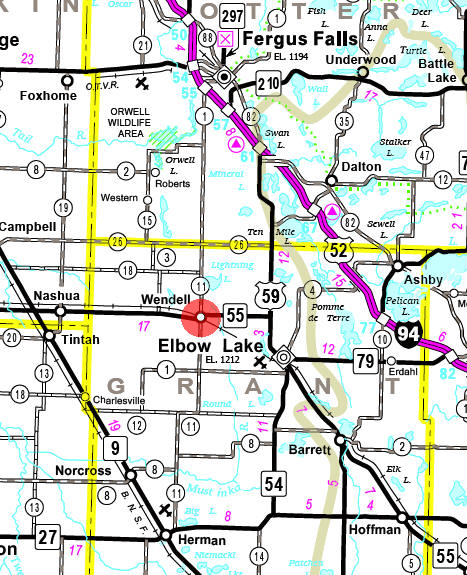 Minnesota State Highway Map of the Wendell Minnesota area