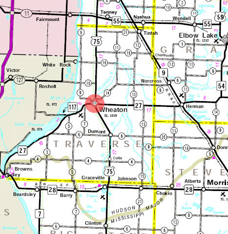 Minnesota State Highway Map of the Wheaton Minnesota area