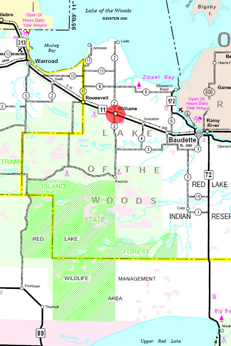 Minnesota State Highway Map of the Williams Minnesota area