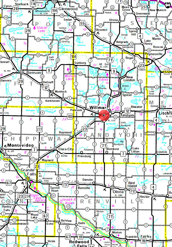 Minnesota State Highway Map of the Willmar Minnesota area