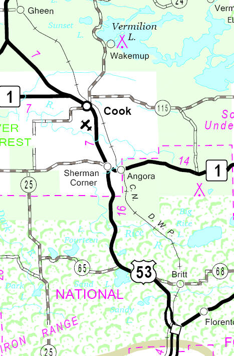 Highway Map of the Angora Minnesota area