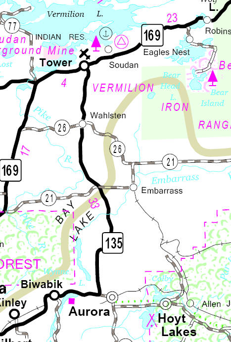 Minnesota State Highway Map of the Embarrass Minnesota area