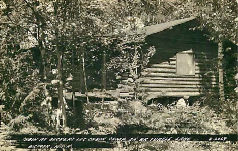Cabin at Becker's Log Cabin Camp on Big Turtle Lake, Bigfork Minnesota, 1930's