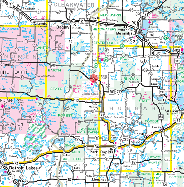 Minnesota State Highway Map of the Lake Itasca Minnesota area