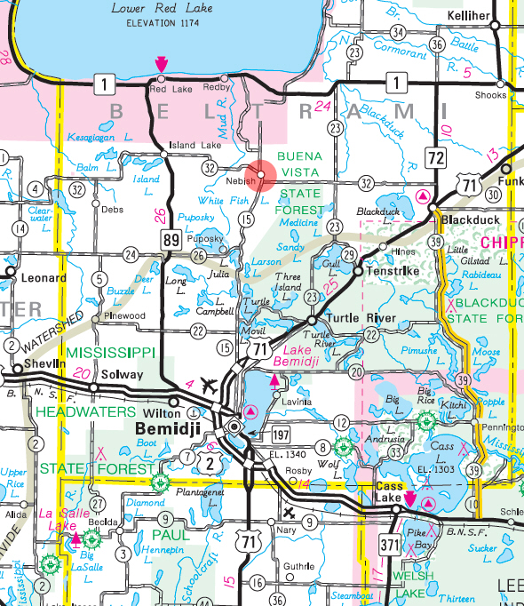 Minnesota State Highway Map of the Nebish Minnesota area