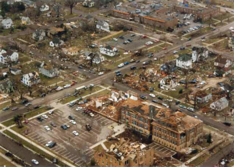 Aerial view of St. Peter after 1998 tornado