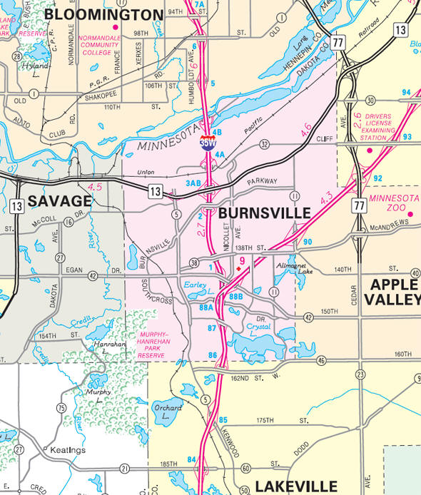 Minnesota State Highway Map of the Burnsville Minnesota area 