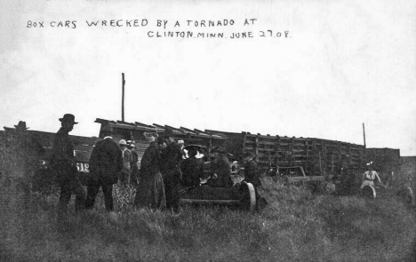 Boxcars wrecked by a tornado, Clinton Minnesota, 1908